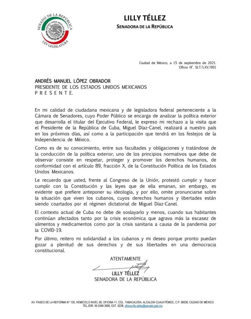 Carta a AMLO contra visita de Miguel Díaz Canel, presidente de Cuba. 