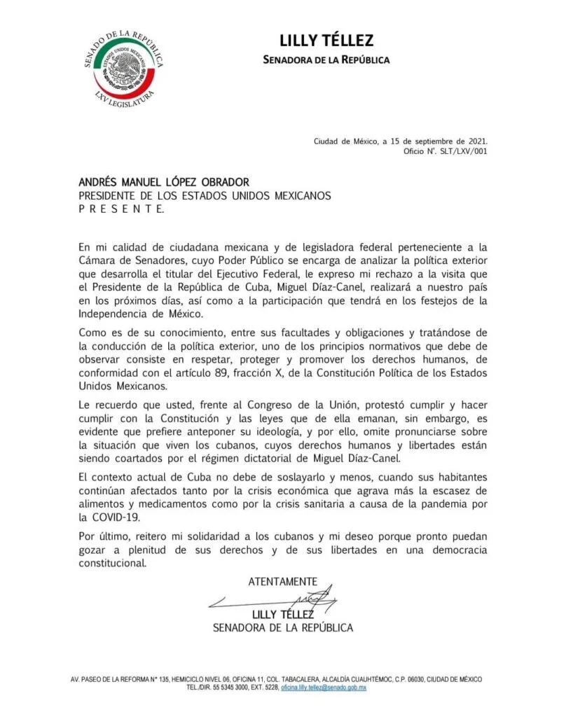 Carta a AMLO contra visita de Miguel Díaz Canel, presidente de Cuba. 