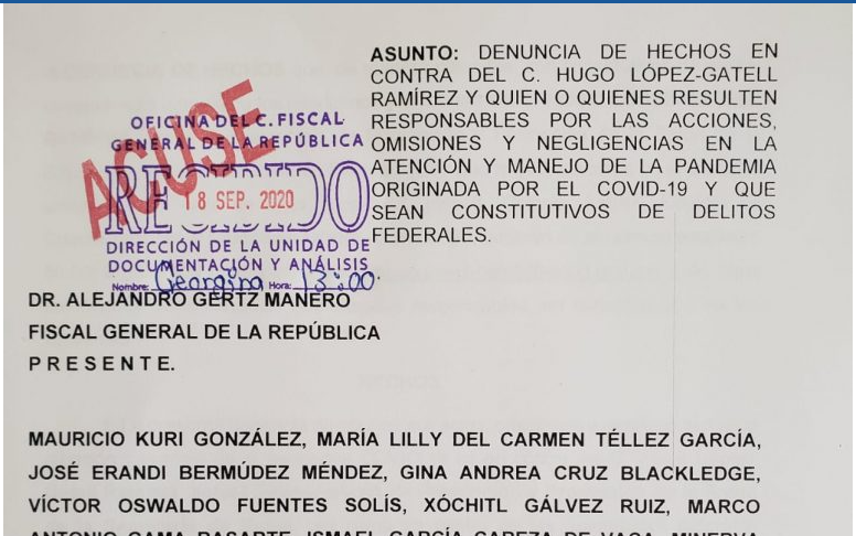 Acuse de recepción de la denuncia contra Hugo López-Gatell por el negligente manejo de la pandemia. 