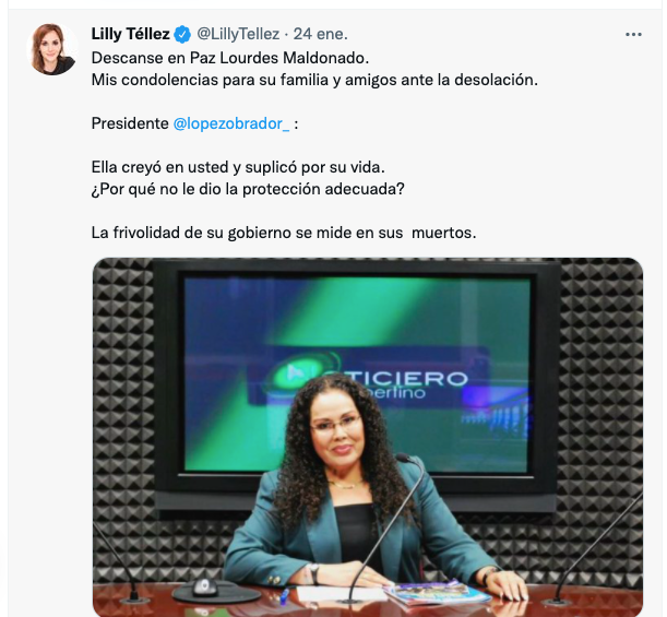 Condolencias por la muerte de la periodista Lourdes Maldonado.