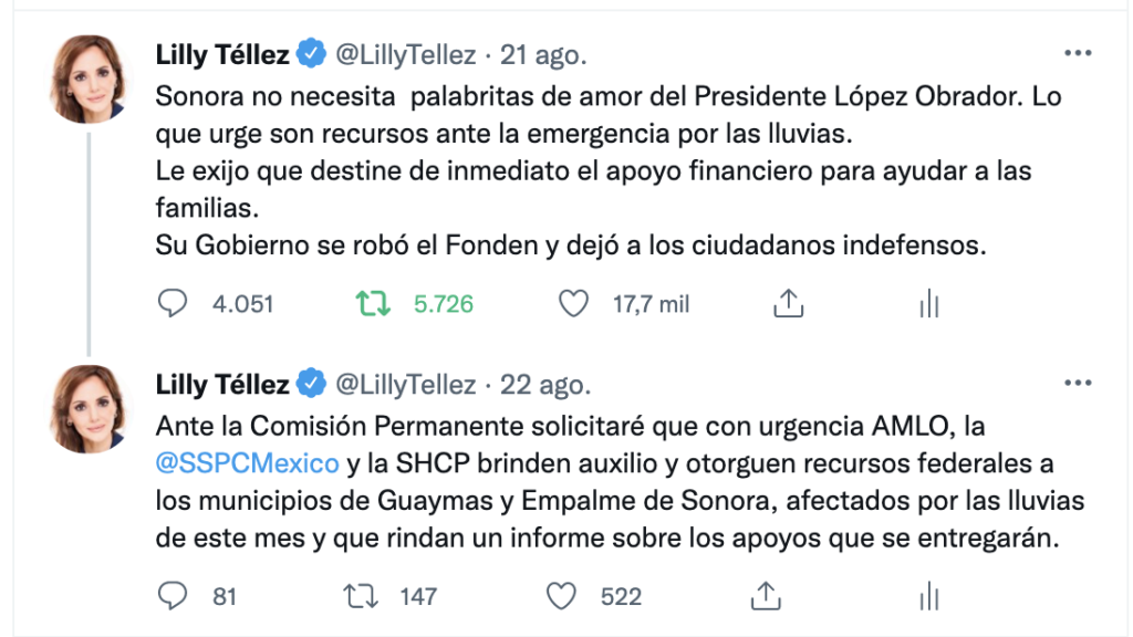  Senadora Lilly Téllez exige recursos para los municipios de Guaymas y Empalme del Estado de Sonora por las afectaciones de las lluvias intensas. 