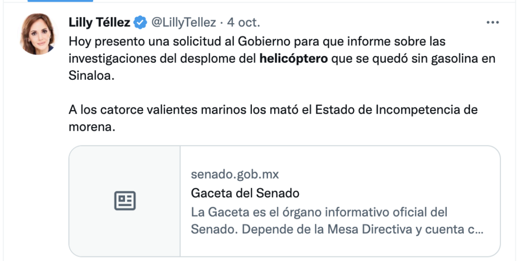 Lilly Téllez solicita informe sobre las investigaciones del desplome del helicóptero en Sinaloa.