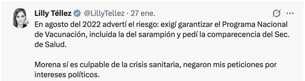 Lilly Téllez exige se garantice el acceso a la vacuna contra el sarampión.